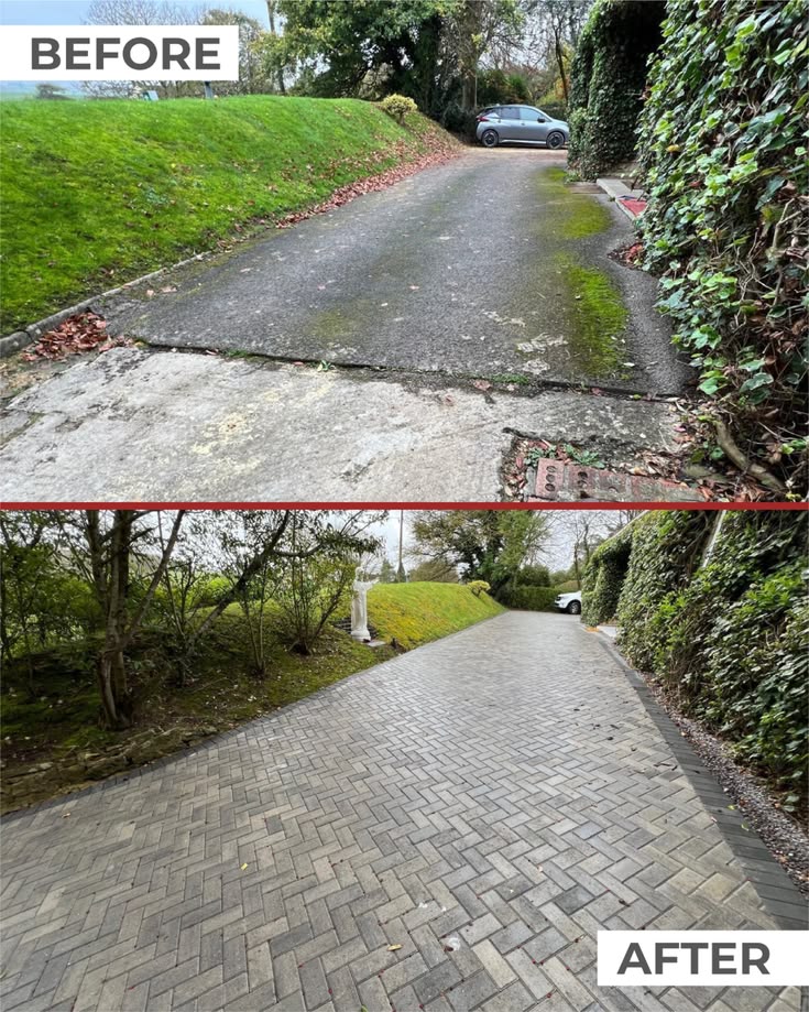 Worn tarmac and concrete before, grey block paving after