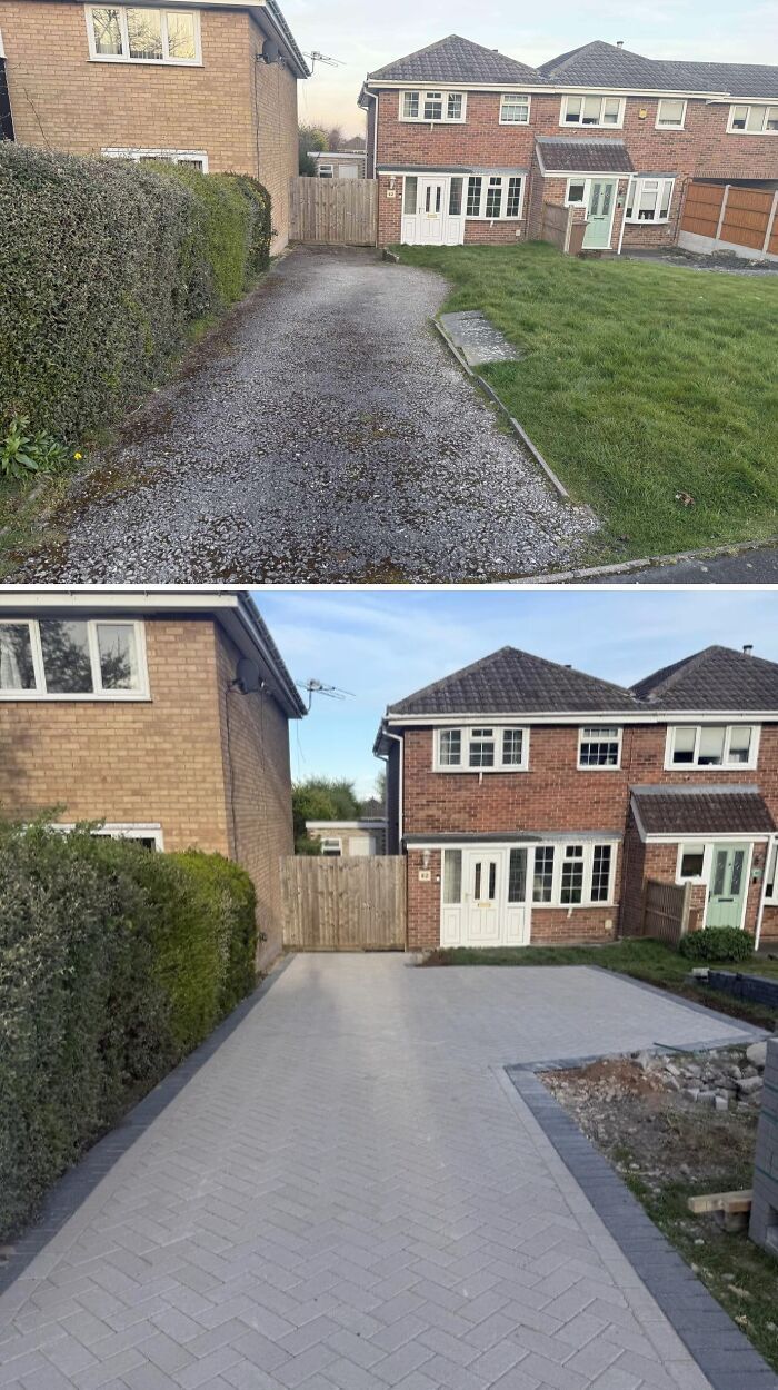 Narrow driveway before and expanded block-paved driveway after