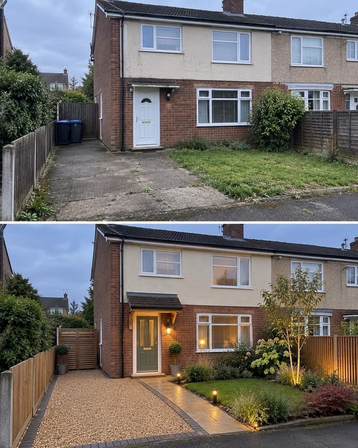 Front garden before and after driveway, planting and lighting improvements