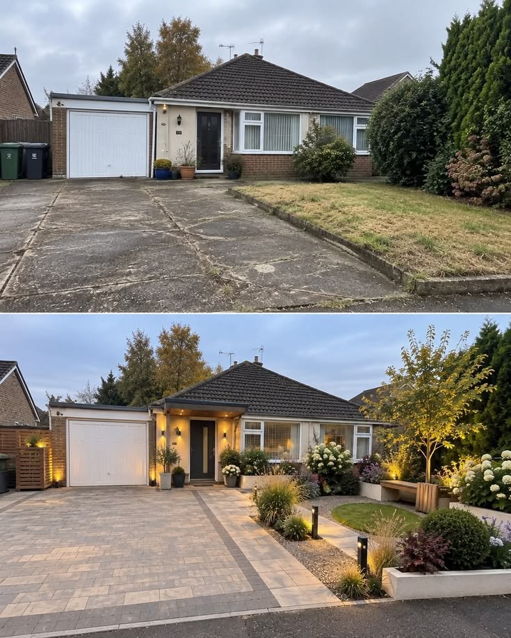 Bungalow driveway before and after paving and landscaping